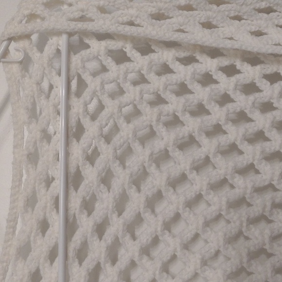 Handmade Crochet Cream Open Knit Shawl Boho Fringe Blanket Shawl - Picture 8 of 16